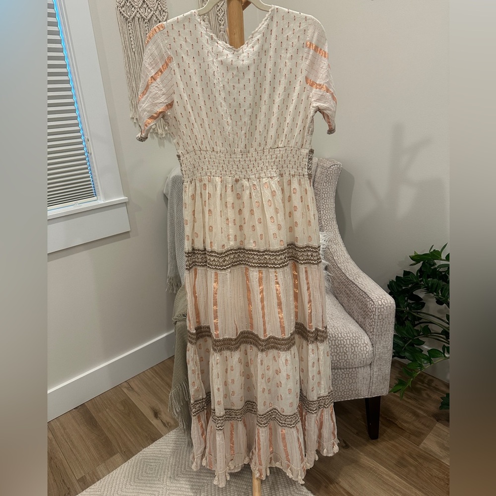 Boho Metallic Thread Maxi Dress | Cream Rose Gold Embroidered | Crochet Trim | - Picture 6 of 7